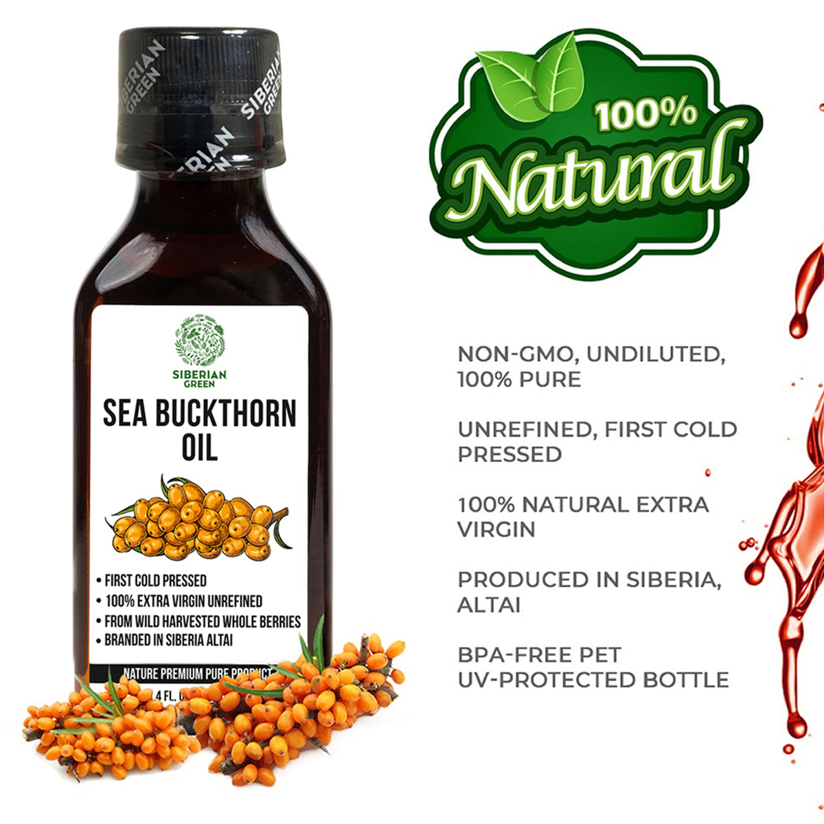 100% Pure Sea Buckthorn Oil - Extra Virgin Organic Oil, Cold Pressed