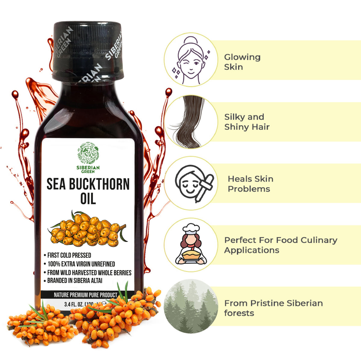 100% Pure Sea Buckthorn Oil - Extra Virgin Organic Oil, Cold Pressed