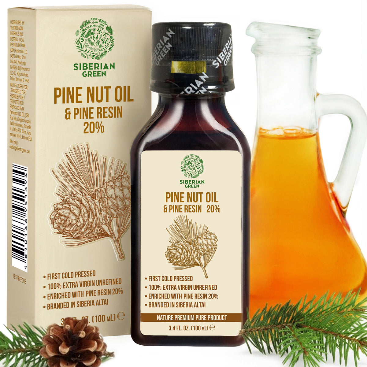 Siberian Pine Nut Oil with Cedar Resin – 100% Extra Virgin, Cold Pressed, 100 ml