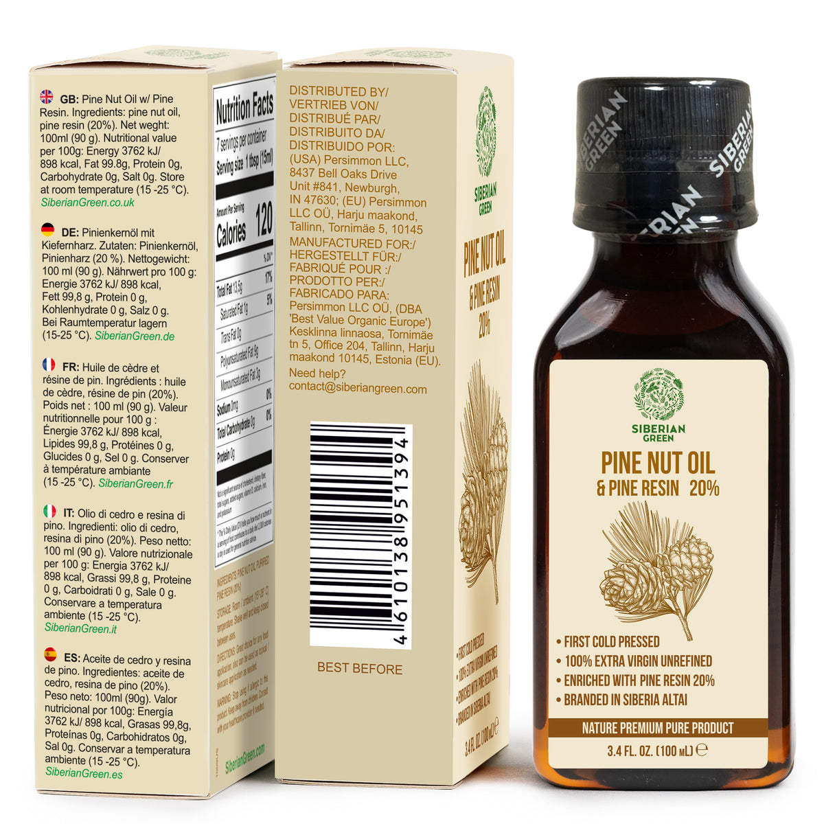 Siberian Pine Nut Oil with Cedar Resin – 100% Extra Virgin, Cold Pressed, 100 ml