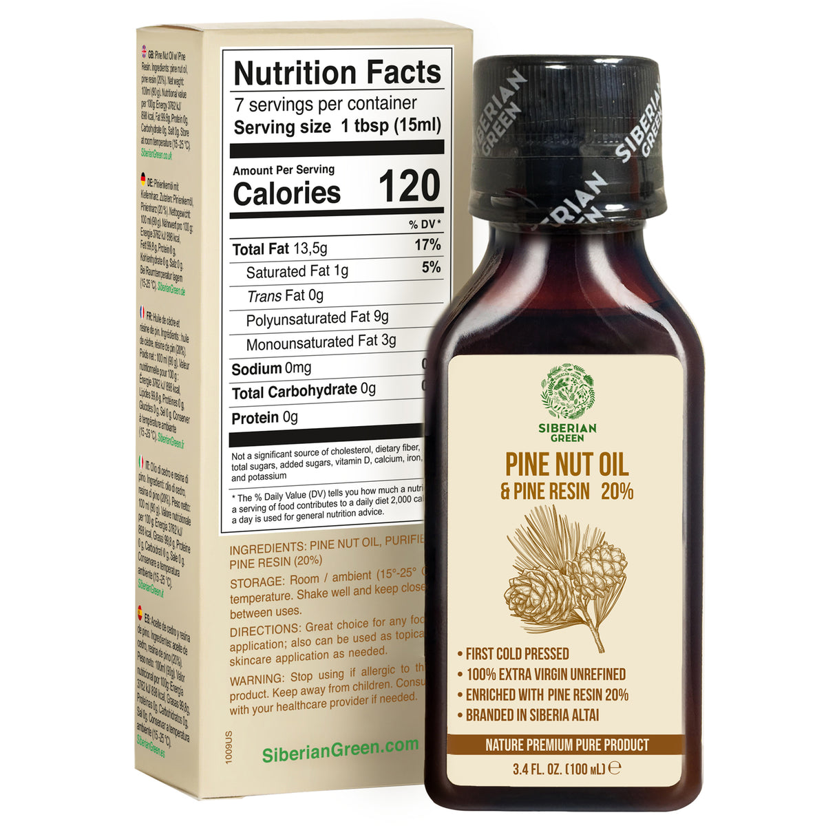 Siberian Pine Nut Oil with Cedar Resin – 100% Extra Virgin, Cold Pressed, 100 ml