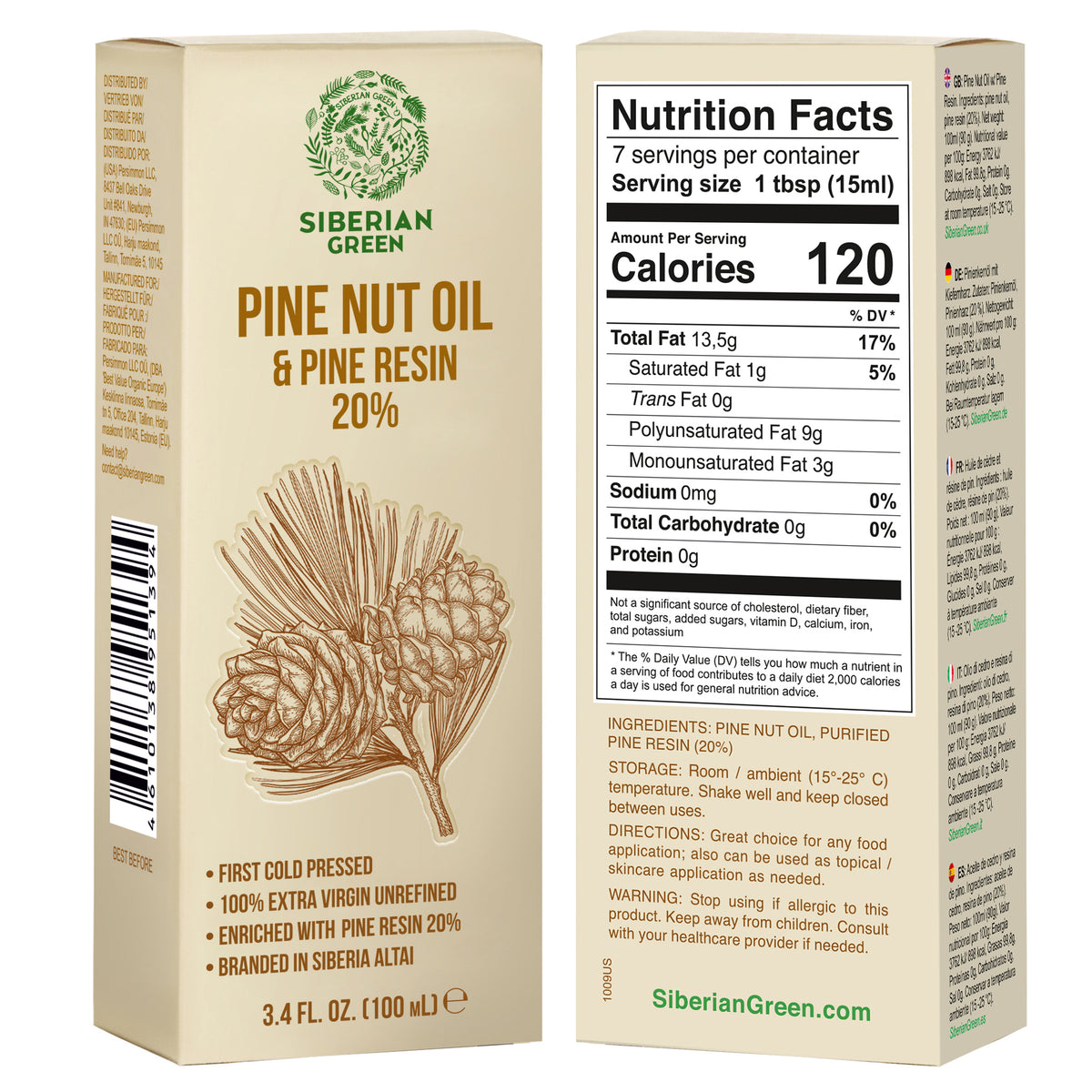 Siberian Pine Nut Oil with Cedar Resin – 100% Extra Virgin, Cold Pressed, 100 ml
