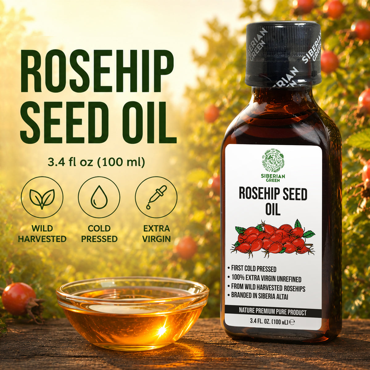 Siberian Green Rosehip Seed Oil 100ml – Cold-Pressed Multi-Purpose Oil