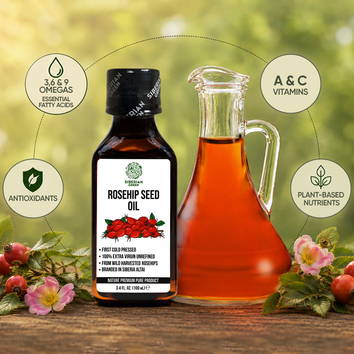 Siberian Green Rosehip Seed Oil 100ml – Cold-Pressed Multi-Purpose Oil