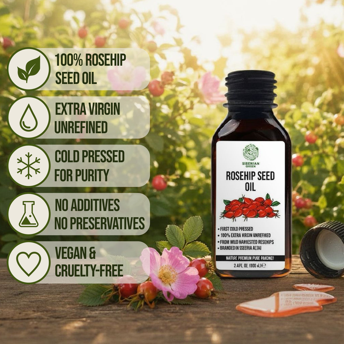 Siberian Green Rosehip Seed Oil 100ml – Cold-Pressed Multi-Purpose Oil