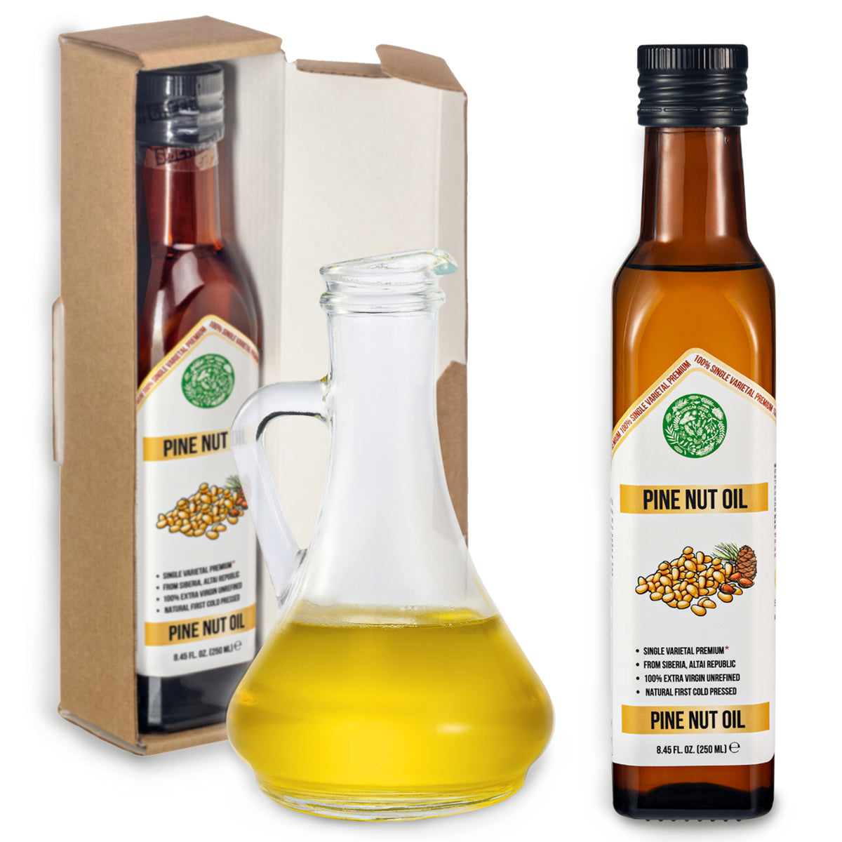 Siberian Green Pine Nut Oil – 250ml Cold Pressed (Extra Virgin, Glass Bottle)