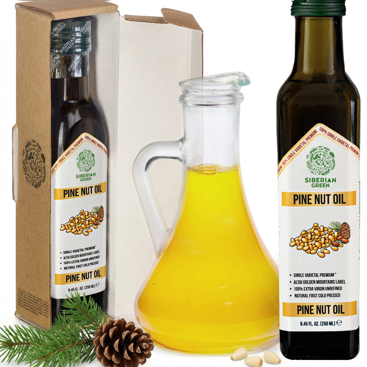 Siberian Green Pine Nut Oil – 250ml Cold Pressed (Extra Virgin, Glass Bottle)