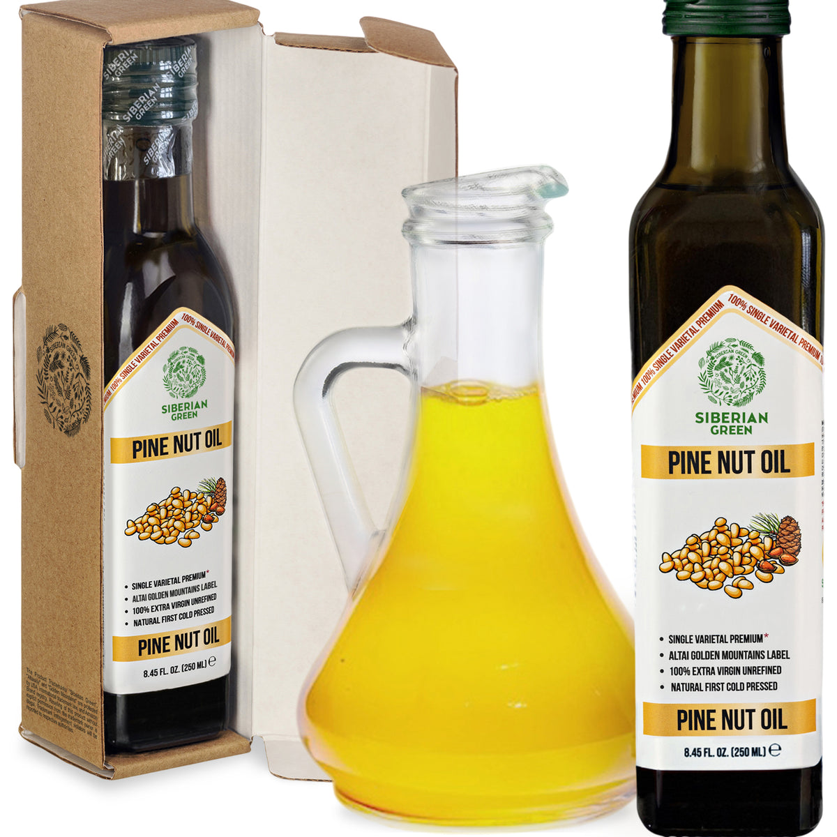 Siberian Green Pine Nut Oil – 250ml Cold Pressed (Extra Virgin, Glass Bottle)