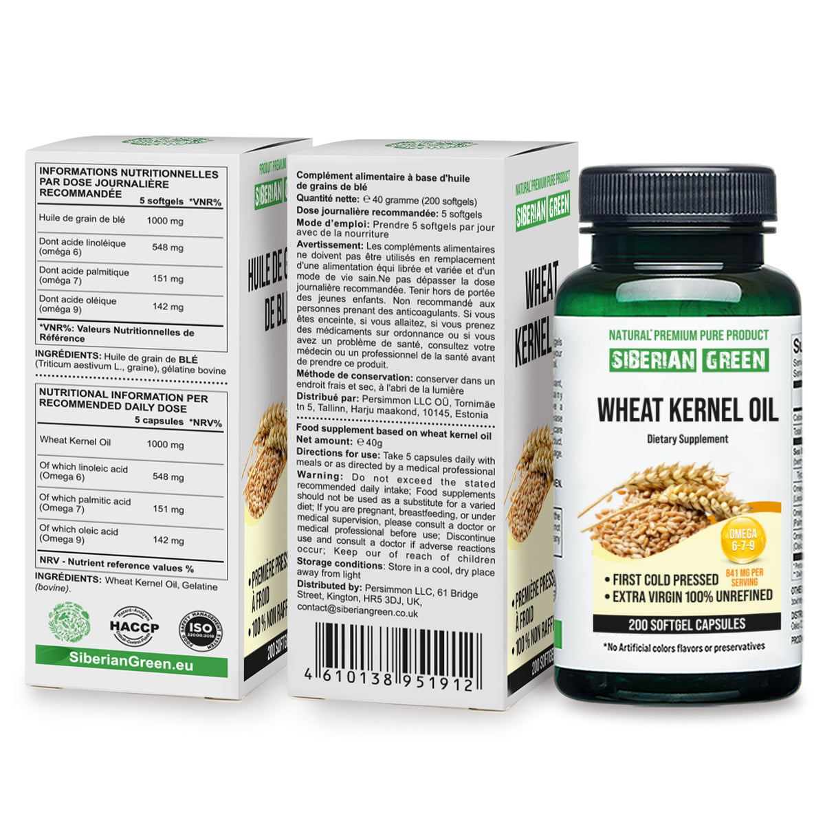 Siberian Green Wheat Kernel Oil Capsules 200 Softgels Wild Harvested Siberia Altai Cold Pressed Unrefined