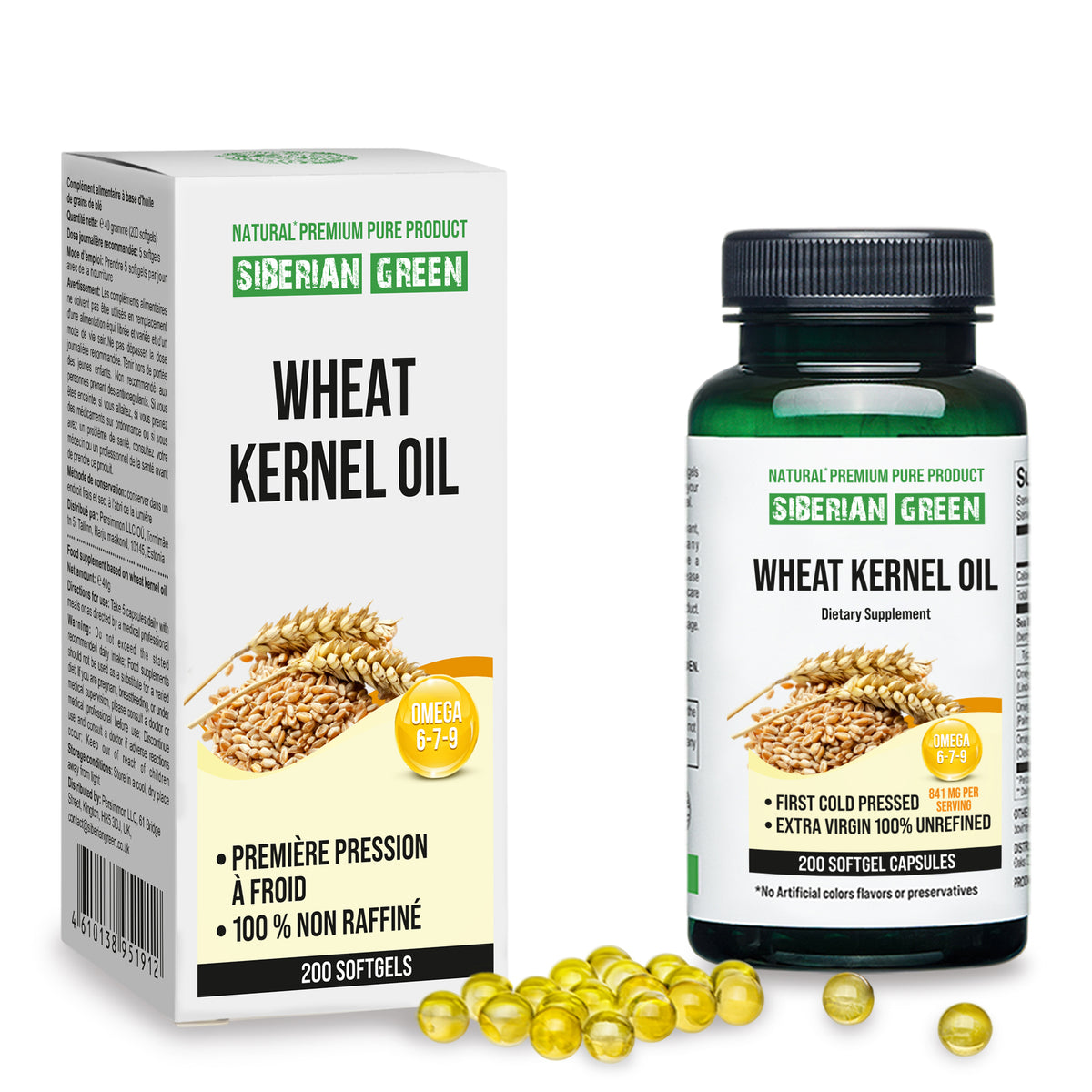 Siberian Green Wheat Kernel Oil Capsules 200 Softgels Wild Harvested Siberia Altai Cold Pressed Unrefined