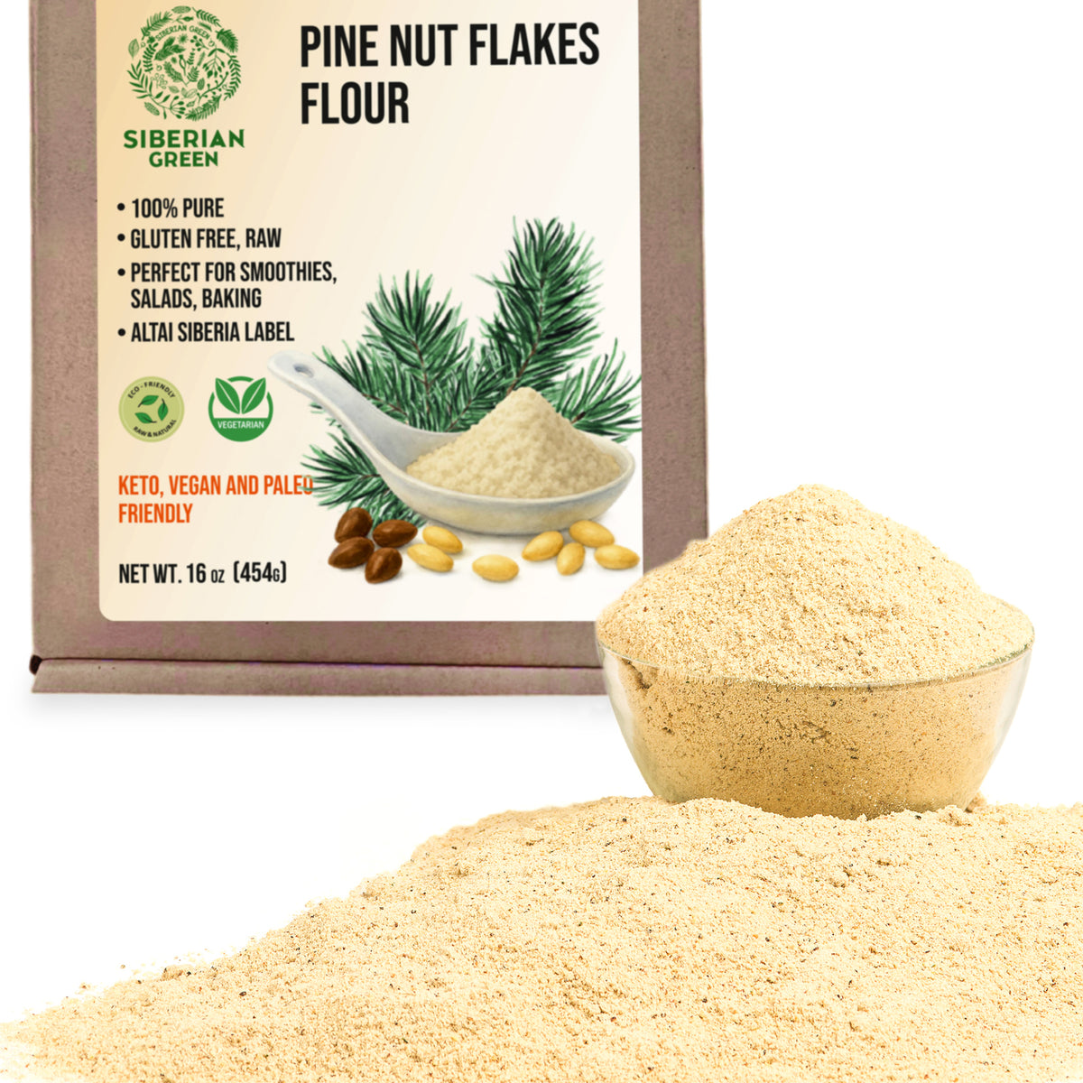 Siberian Pine Nut Flakes Flour (Kernel) Powder 454g (1 lbs) Organic Wild Harvested 100% Pure