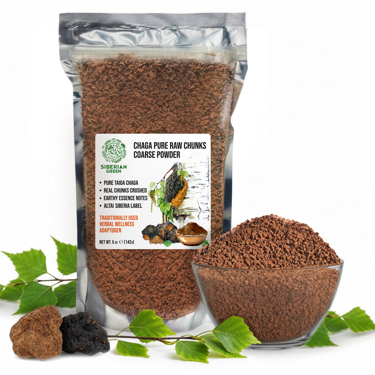 Siberian Green Wild Chaga Mushroom Chunks and Coarse Powder 142 g – Inonotus obliquus