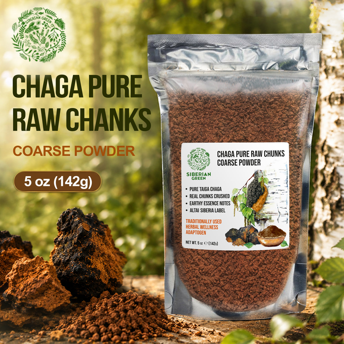 Siberian Green Wild Chaga Mushroom Chunks and Coarse Powder 142 g – Inonotus obliquus