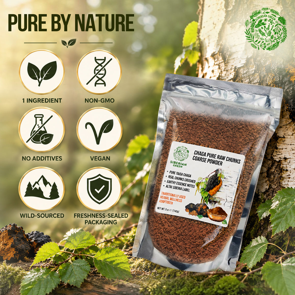 Siberian Green Wild Chaga Mushroom Chunks and Coarse Powder 142 g – Inonotus obliquus