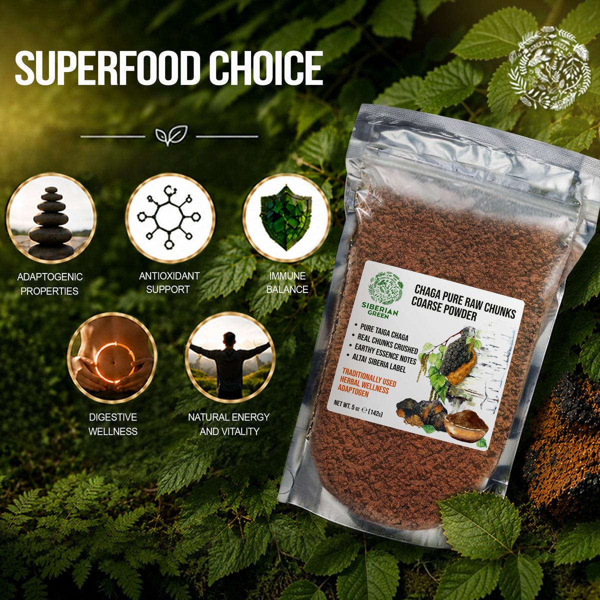 Siberian Green Wild Chaga Mushroom Chunks and Coarse Powder 142 g – Inonotus obliquus