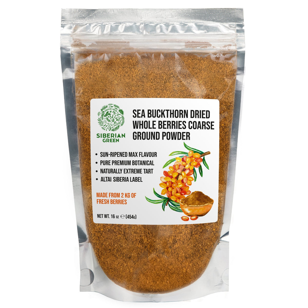 Siberian Green Sea Buckthorn Dried Whole Berries Coarse Ground Powder – 16 oz (454 g) Superfruit Herbal Tea Smoothie 100% Pure Hippophae rhamnoides