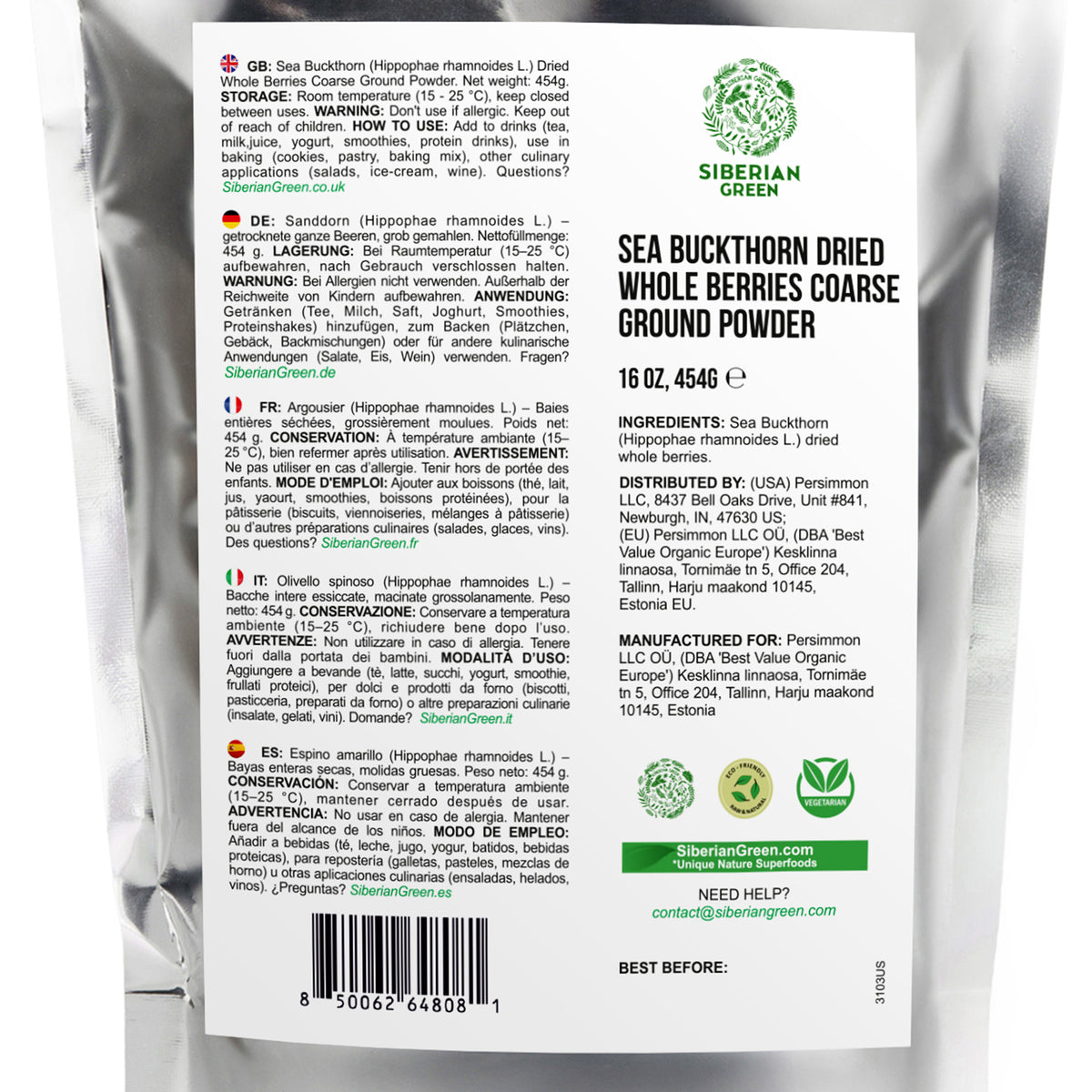 Siberian Green Sea Buckthorn Berry Powder 454 g – Wild Harvested Hippophae rhamnoides Superfruit for Tea, Smoothies and Everyday Recipes