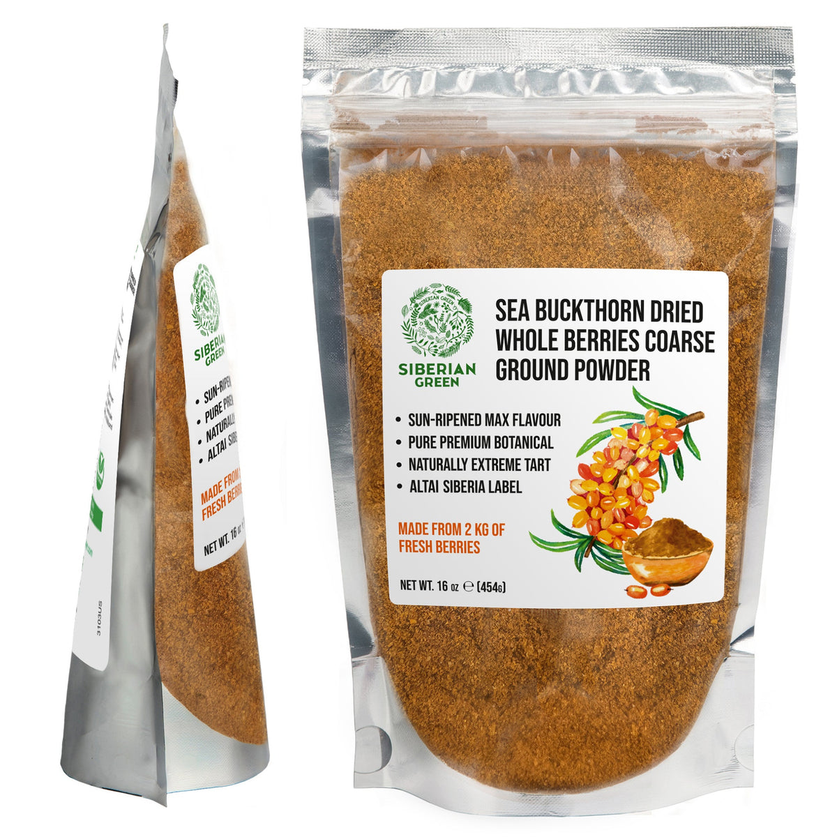 Siberian Green Sea Buckthorn Dried Whole Berries Coarse Ground Powder – 16 oz (454 g) Superfruit Herbal Tea Smoothie 100% Pure Hippophae rhamnoides