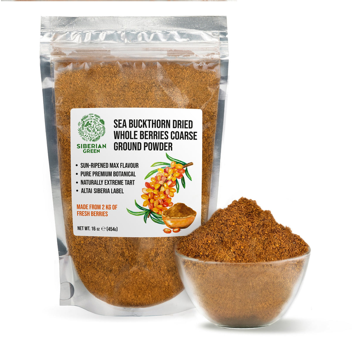 Siberian Green Sea Buckthorn Dried Whole Berries Coarse Ground Powder – 16 oz (454 g) Superfruit Herbal Tea Smoothie 100% Pure Hippophae rhamnoides