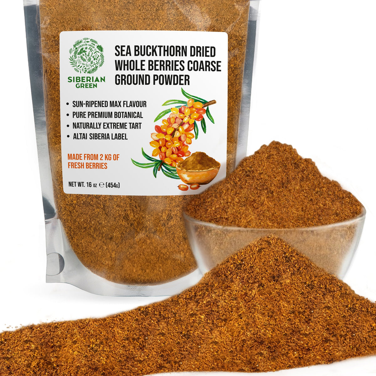 Siberian Green Sea Buckthorn Dried Whole Berries Coarse Ground Powder – 16 oz (454 g) Superfruit Herbal Tea Smoothie 100% Pure Hippophae rhamnoides