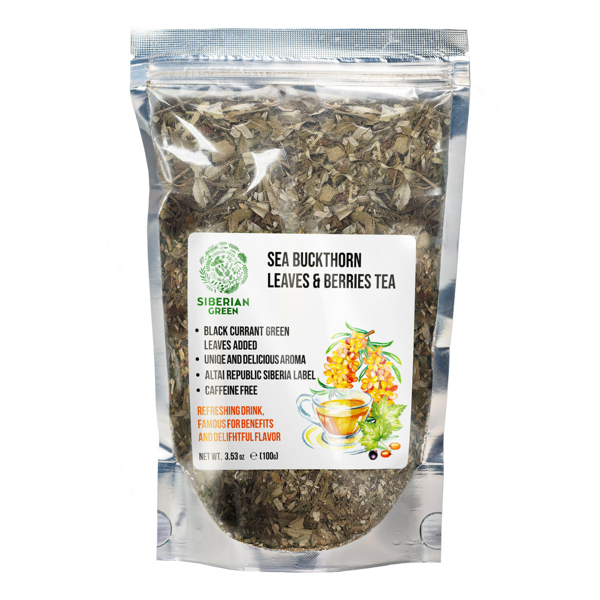 Siberian Green Sea Buckthorn Leaf & Berry Tea with Black Currant – 100g (3.53 oz)