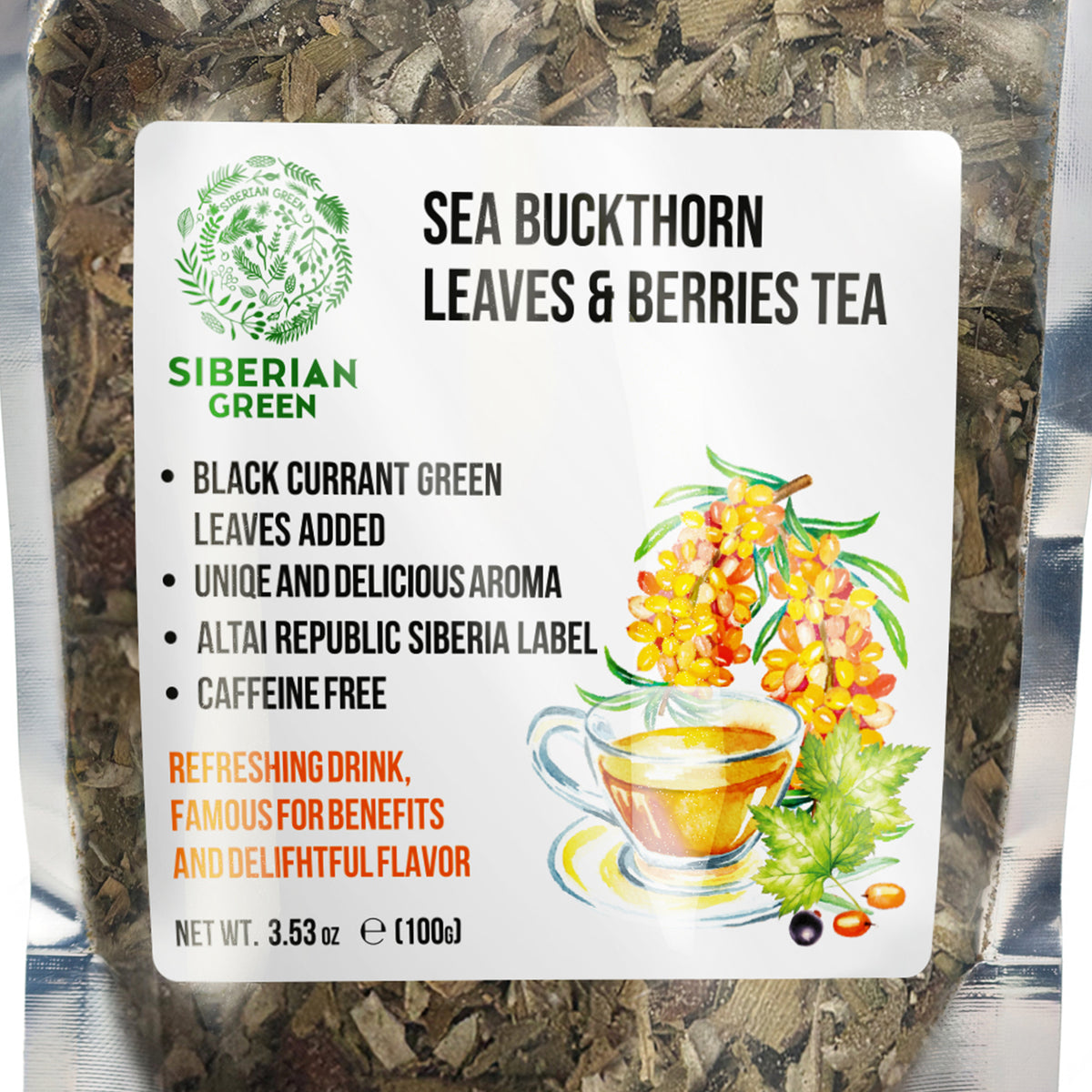 Siberian Green Sea Buckthorn Leaf & Berry Tea with Black Currant – 100g (3.53 oz)