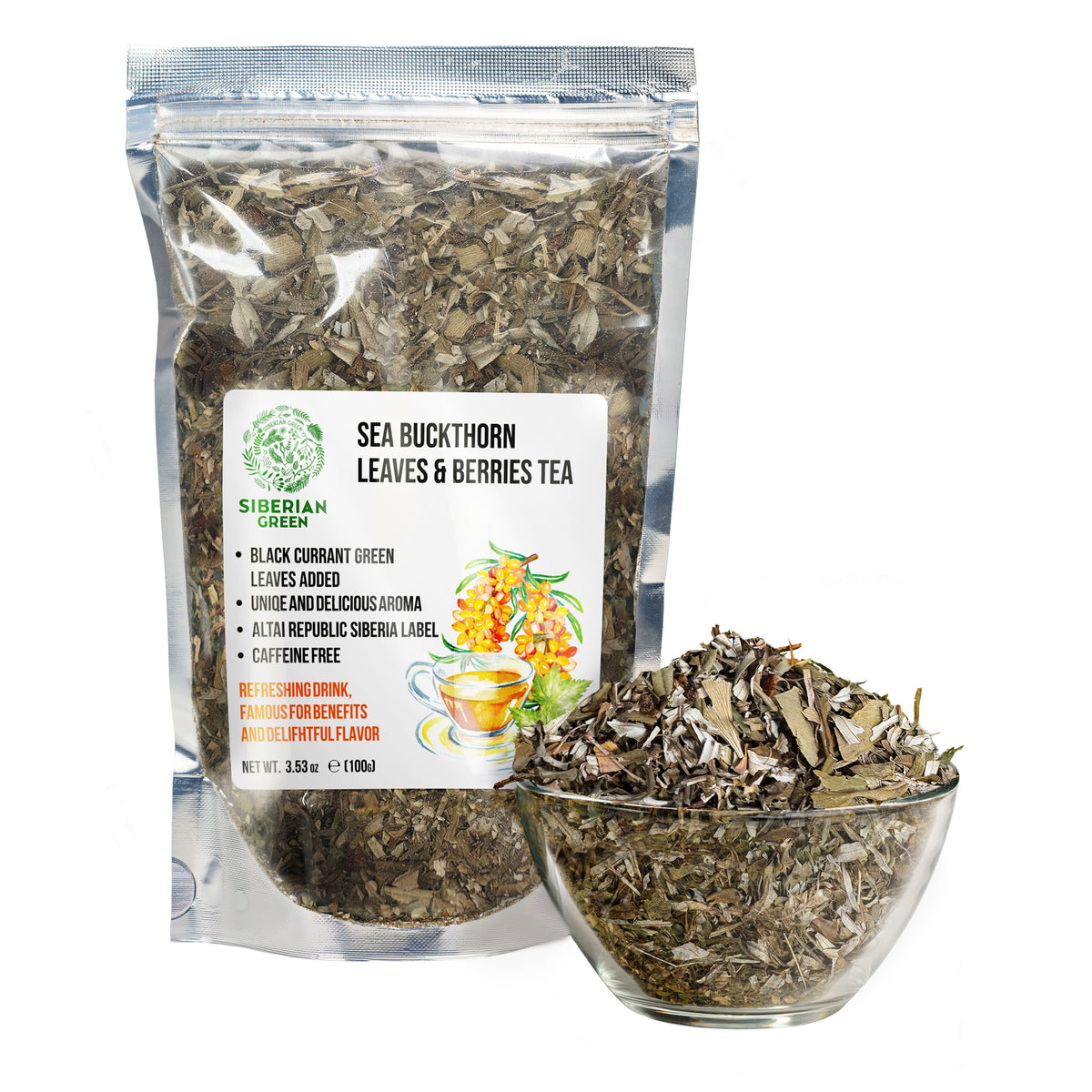 Siberian Green Sea Buckthorn Leaf & Berry Tea with Black Currant – 100g (3.53 oz)