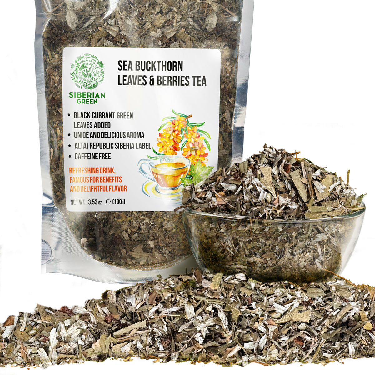 Siberian Green Sea Buckthorn Leaf & Berry Tea with Black Currant – 100g (3.53 oz)