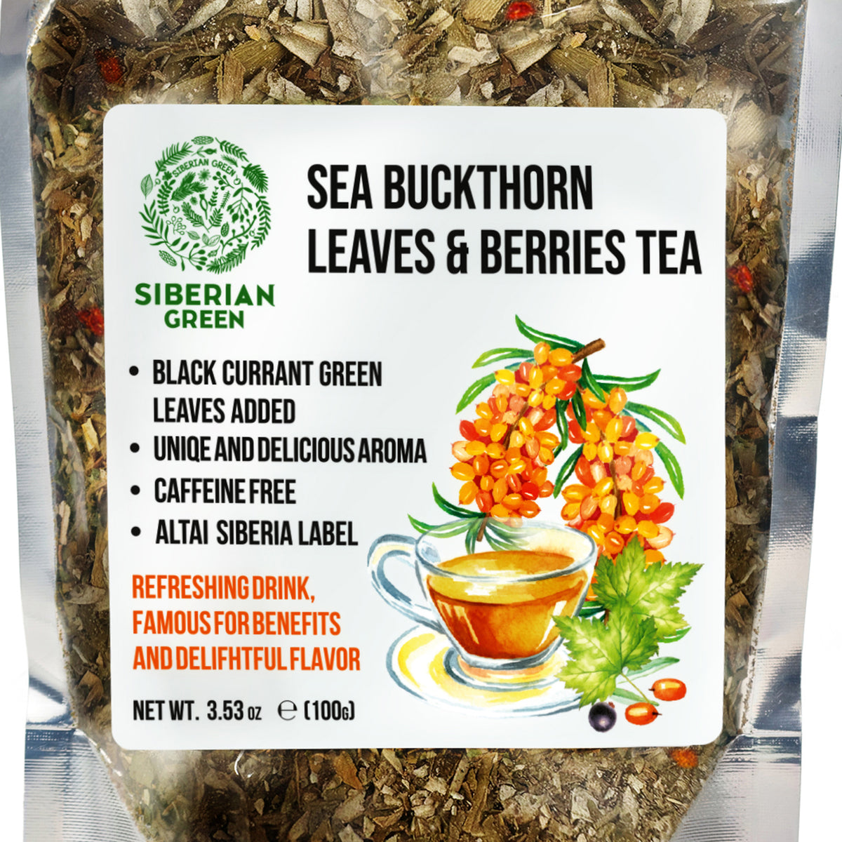 Siberian Green Sea Buckthorn Leaf & Berry Tea with Black Currant – 100g (3.53 oz)