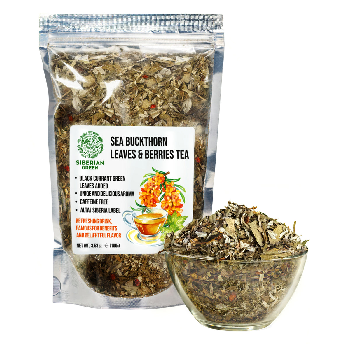 Siberian Green Sea Buckthorn Leaf & Berry Tea with Black Currant – 100g (3.53 oz)