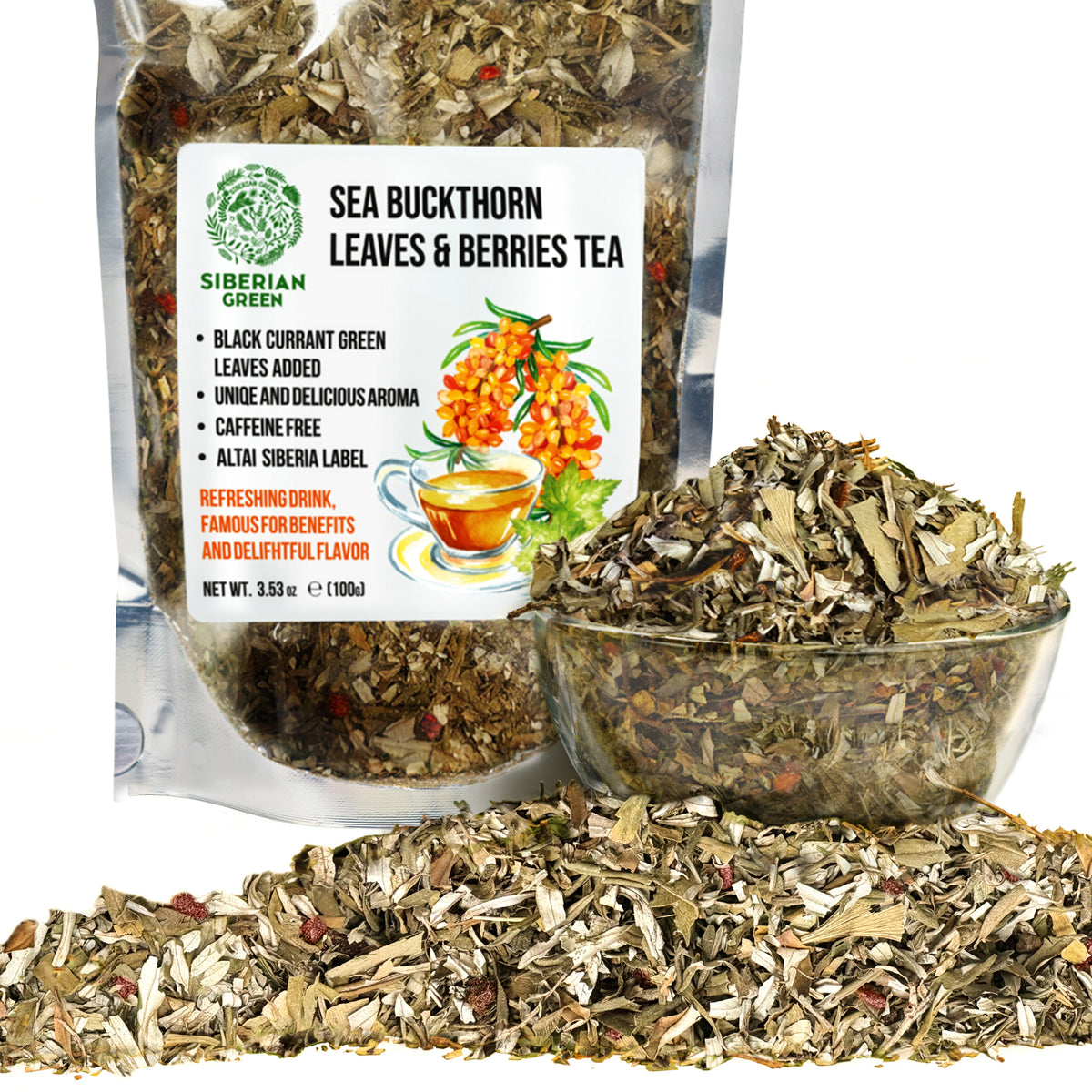 Siberian Green Sea Buckthorn Leaf & Berry Tea with Black Currant – 100g (3.53 oz)