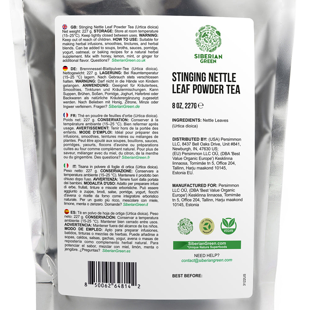 Siberian Green Stinging Nettle Leaf Powder Tea (Urtica dioica) – 8 oz (227 g) Vegan Herbal Powder, Non-GMO Green Superfood Drinks and Daily Wellness