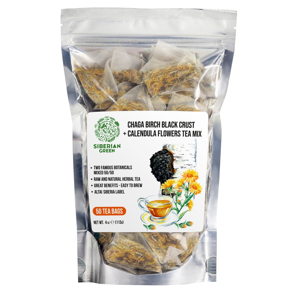 Siberian Green Chaga Tea with Calendula | 50 Tea Bags for Immune and Skin Support