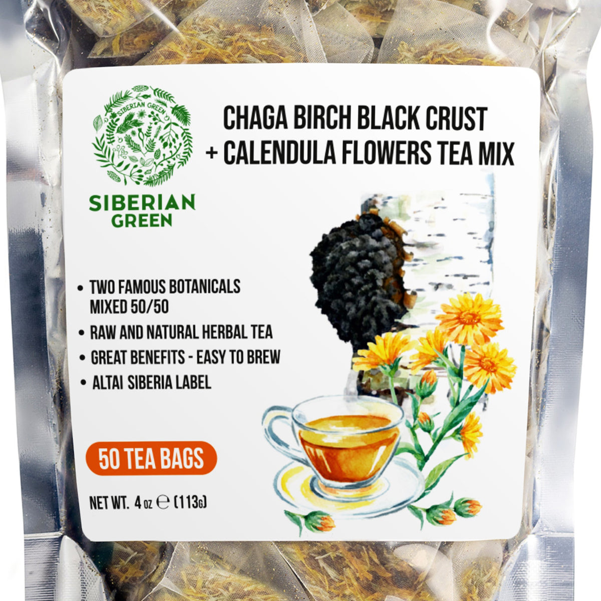 Siberian Green Chaga Tea with Calendula | 50 Tea Bags for Immune and Skin Support