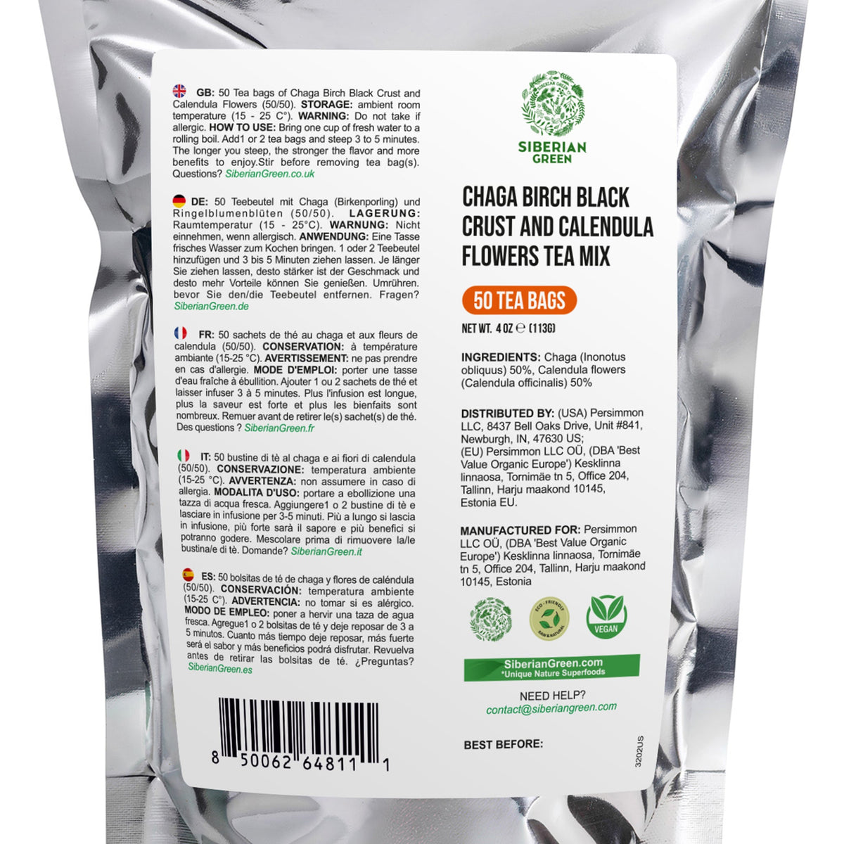 Siberian Green Chaga Tea with Calendula | 50 Tea Bags for Immune and Skin Support