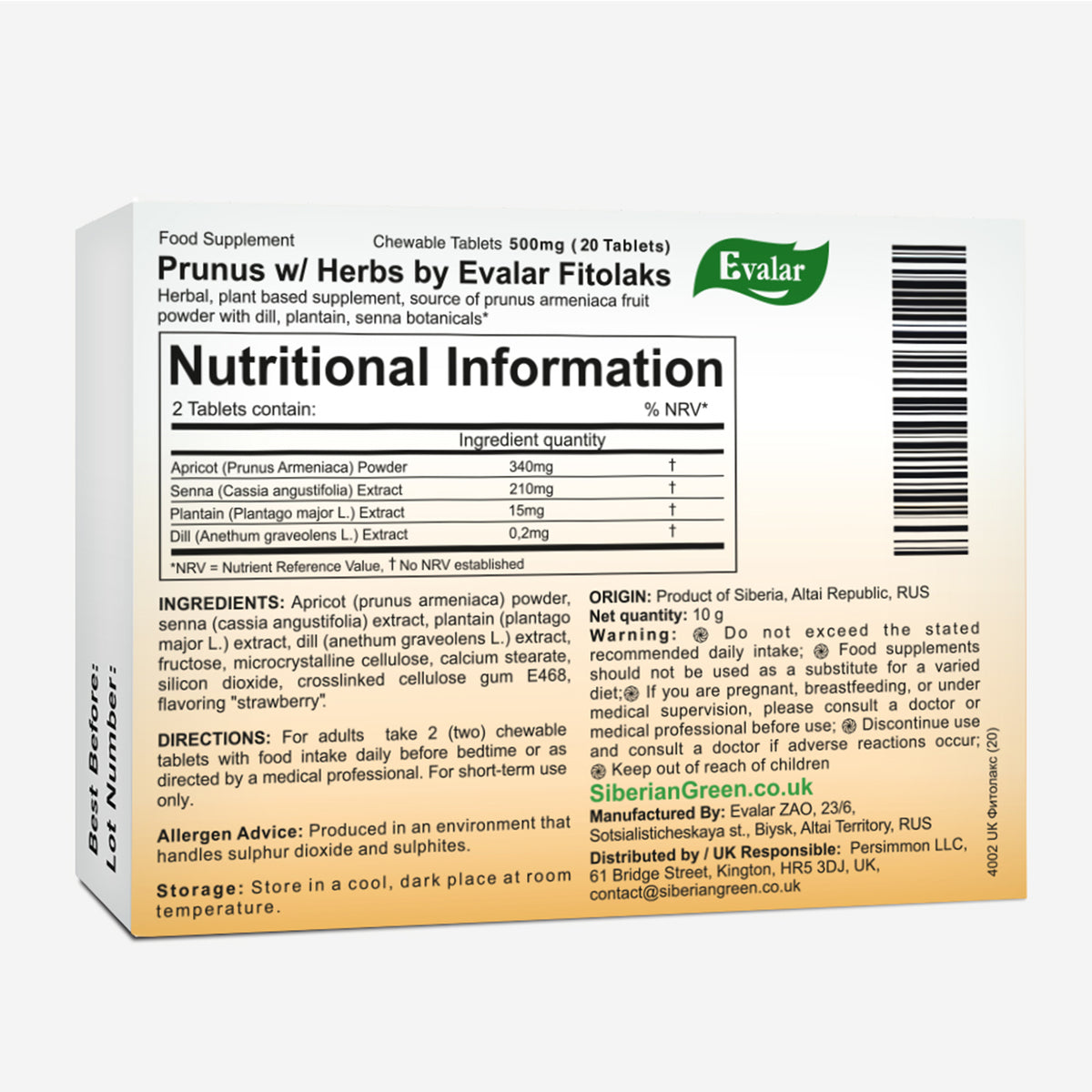 Prunus with Herbs by Evalar Fitolaks 20 Tabs