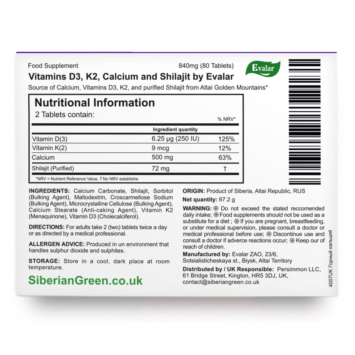 Mountain Calcium Vitamins with Shilajit – 80 Tablets