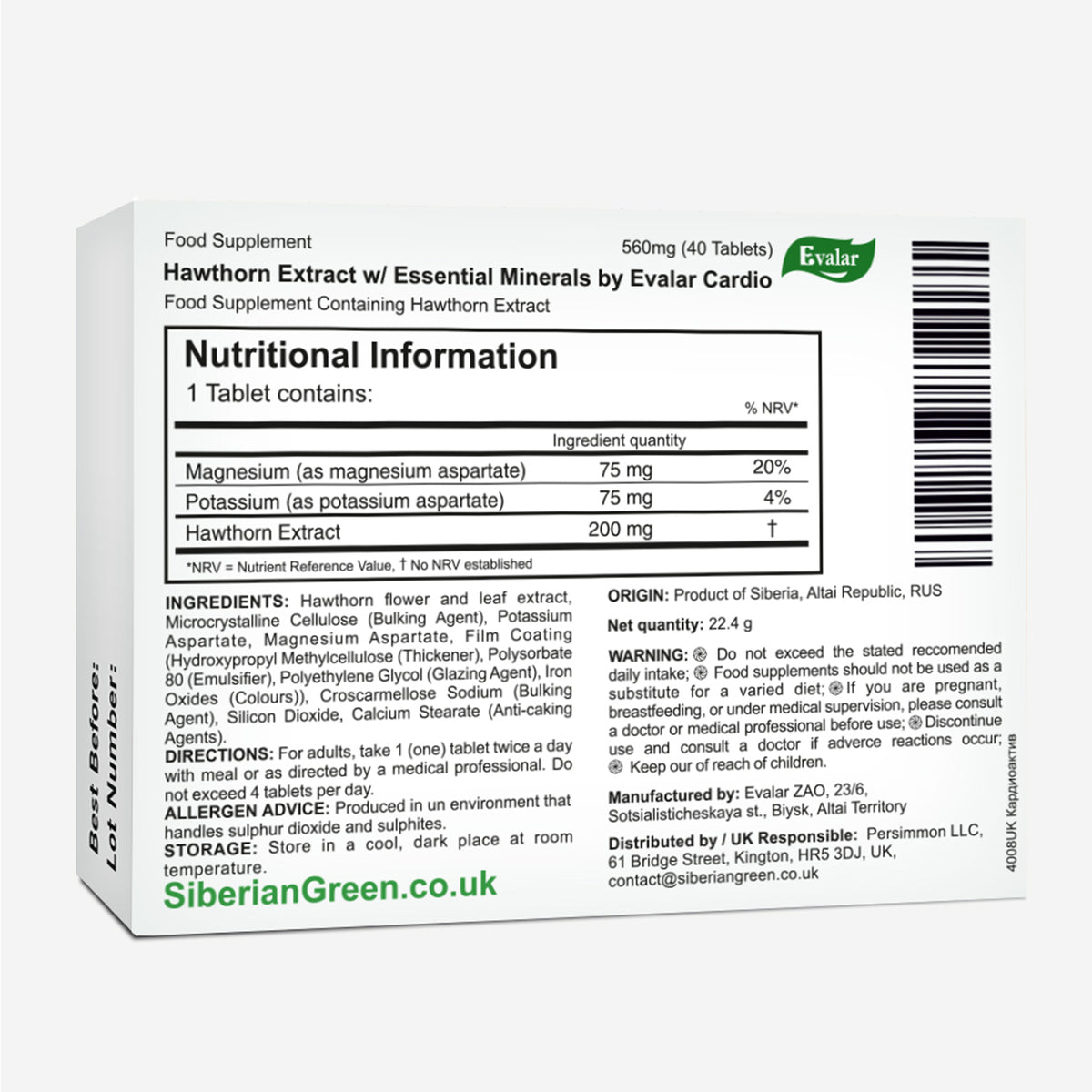 Hawthorn Extract with Essential Minerals by Evalar 40 Tabs