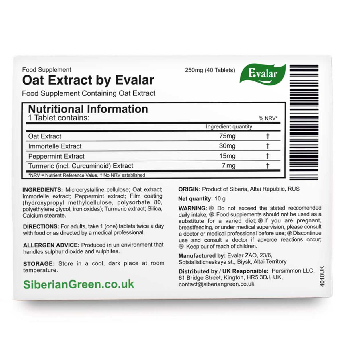 Oat Extract with Herbs by Evalar Ovesol 40 Tabs