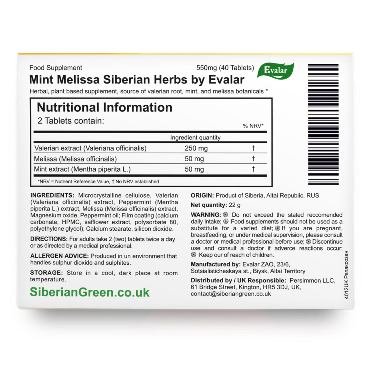 Mint Melissa Herbs by Evalar 40 Tabs