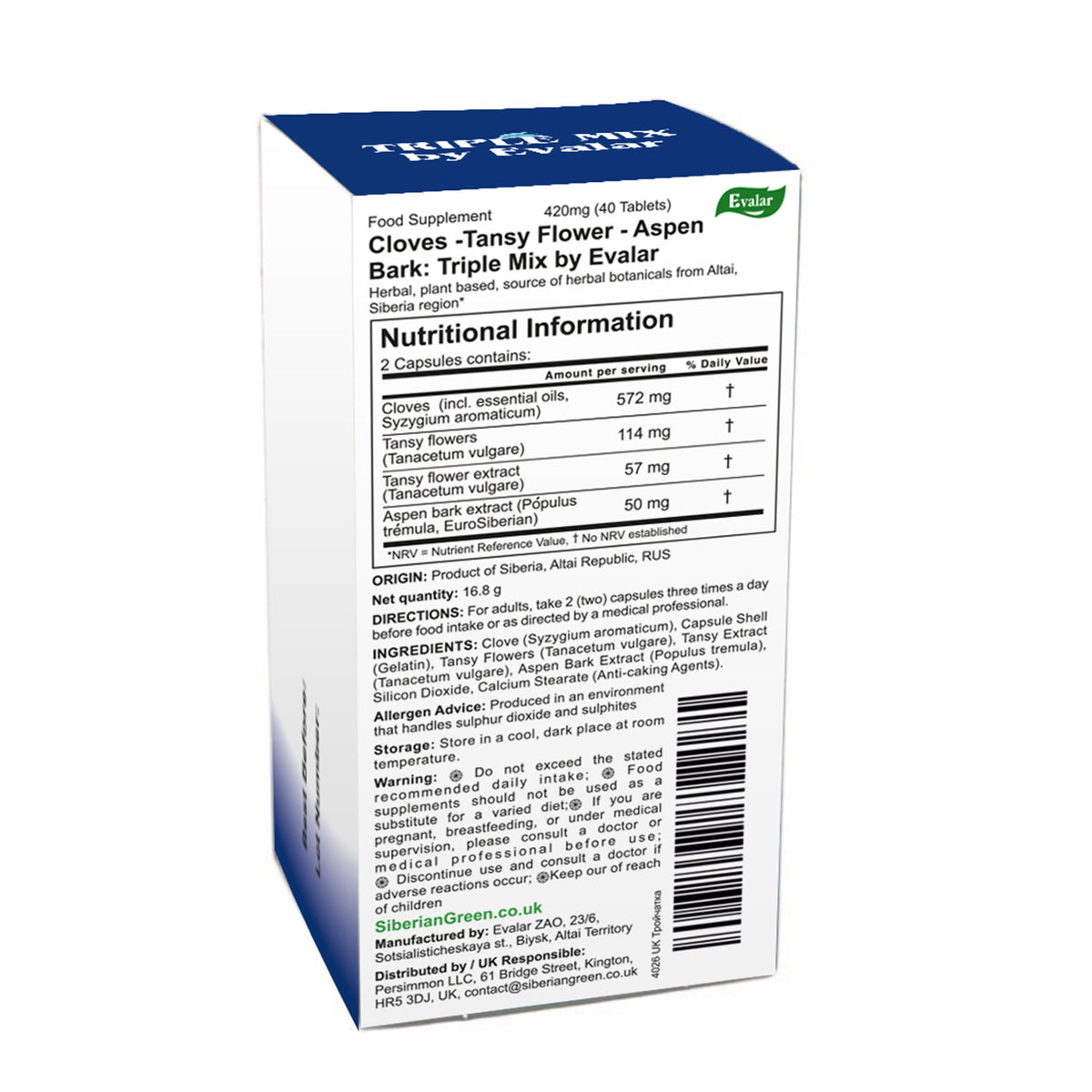 Cloves, Tansy & Aspen Herbal Mix – Evalar 40 Capsules