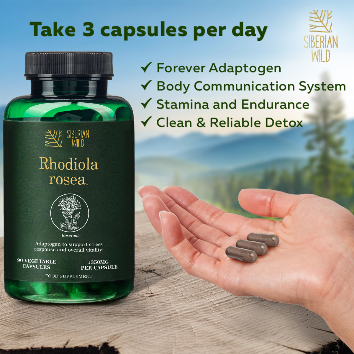 Siberian Wild Rhodiola Rosea Capsules – 350 mg – 90 Vegan Capsules