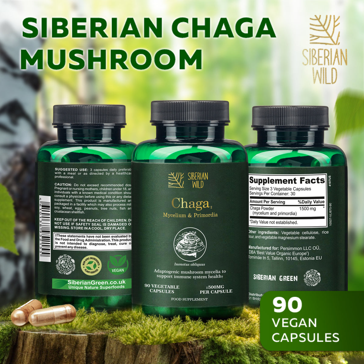 Siberian Wild White Chaga Mushroom Capsules 1500mg Immune Support Energy Antioxidant Vegan Supplement UK