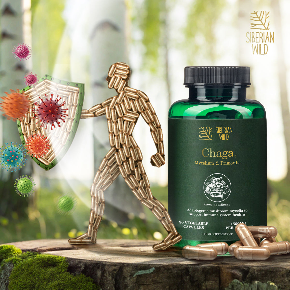Siberian Wild White Chaga Mushroom Capsules 1500mg Immune Support Energy Antioxidant Vegan Supplement UK