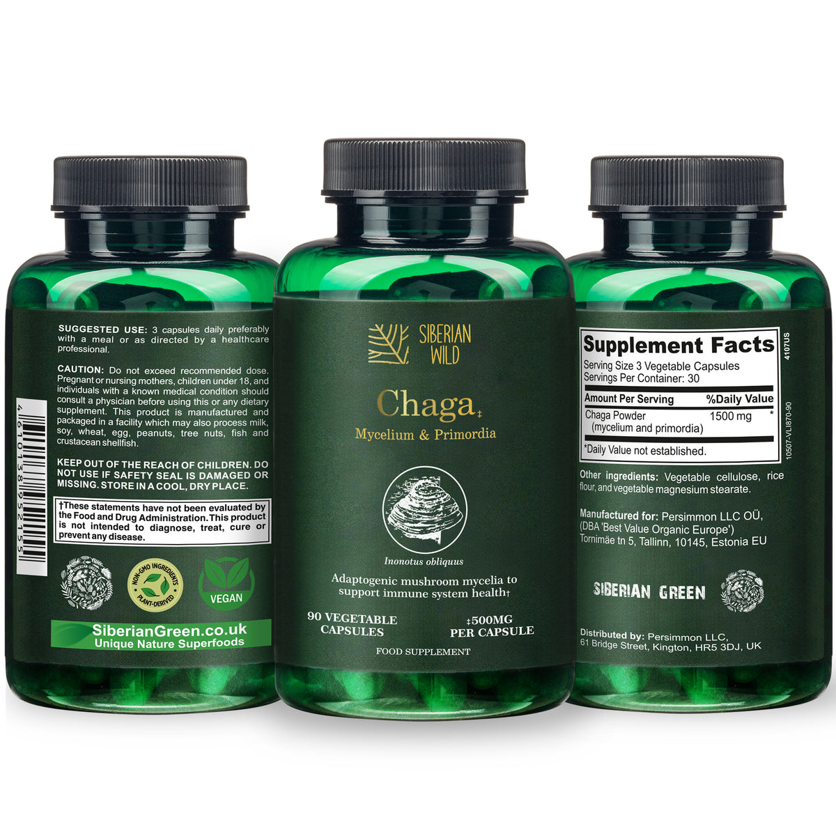 Siberian Wild White Chaga Mushroom Capsules 1500mg Immune Support Energy Antioxidant Vegan Supplement UK