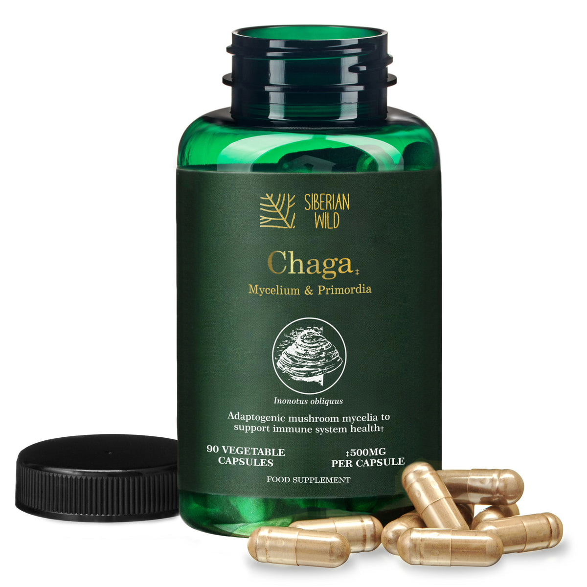 Siberian Wild White Chaga Mushroom Capsules 1500mg Immune Support Energy Antioxidant Vegan Supplement UK