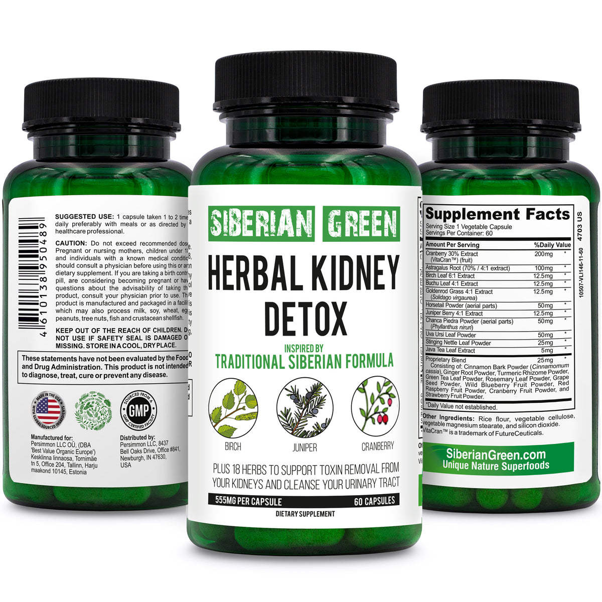 Siberian Green Herbal Kidney Detox 60 Capsules – Cranberry Birch Juniper Traditional Siberian Formula