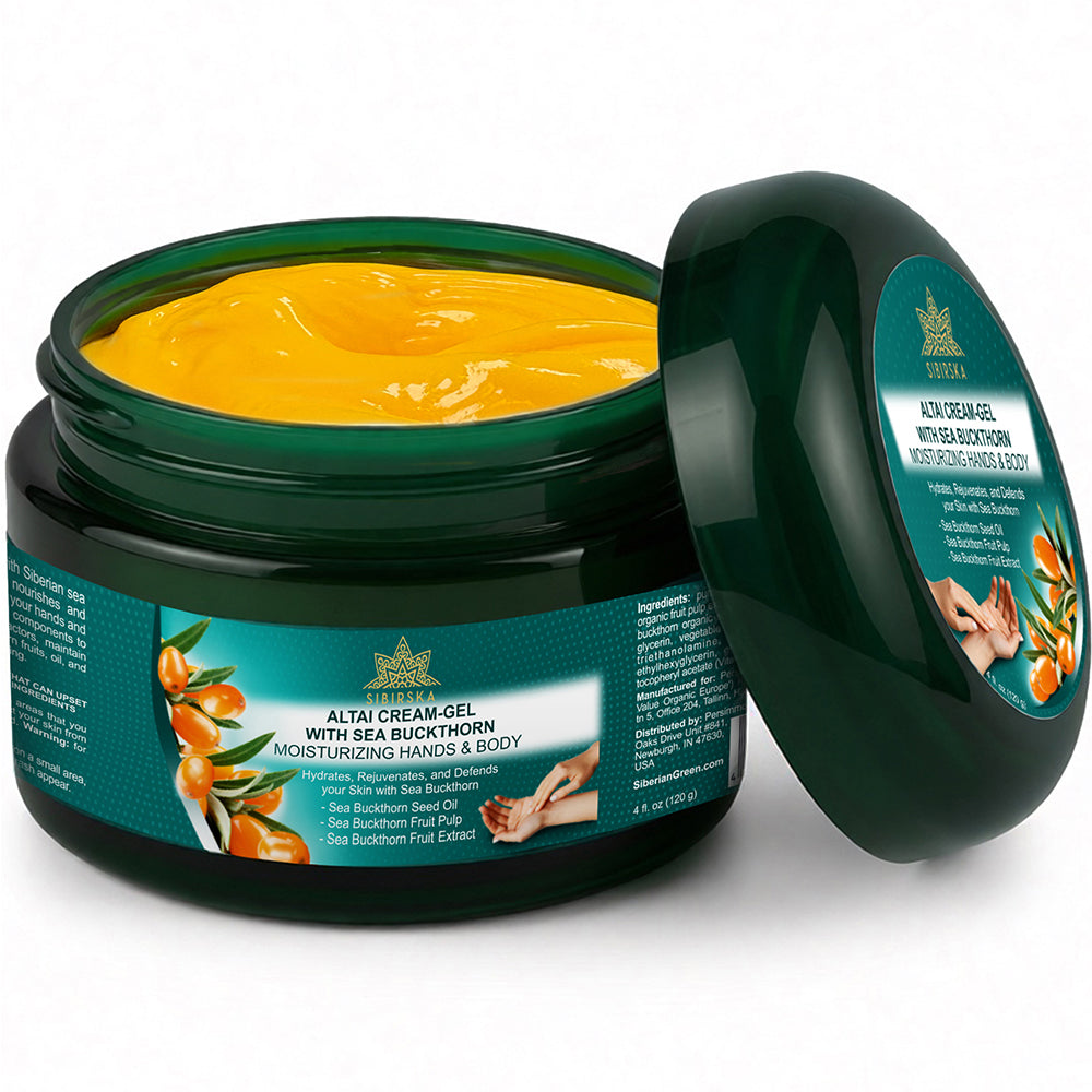 Altai Sibirska Sea Buckthorn Cream Gel for Hands and Body 4 fl oz (120 g) – Fast Absorbing Moisturizer for Dry Skin Premium Omega 7