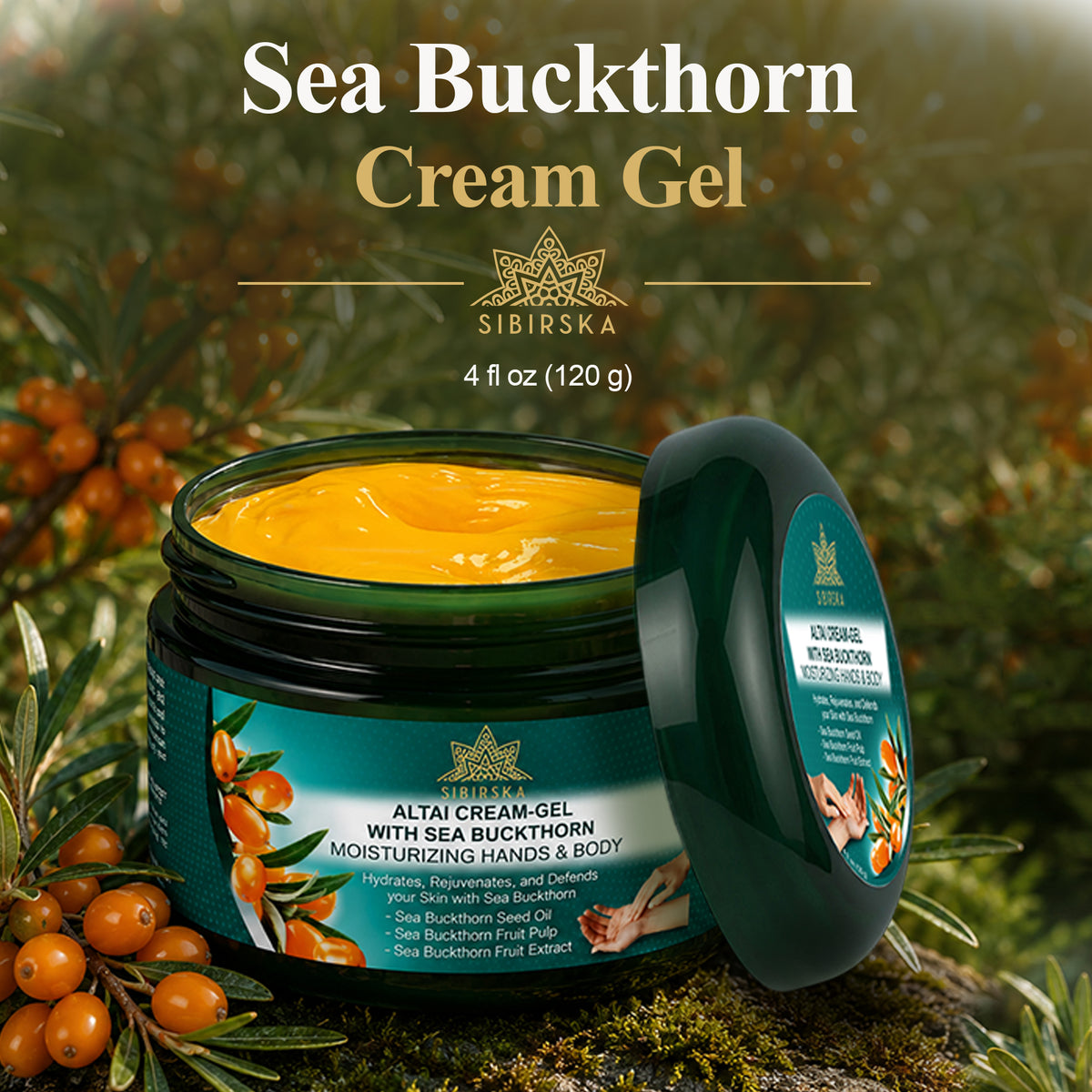 Sibirska Altai Sea Buckthorn Omega 7 Cream Gel 120 g. Hand and Body Moisturiser for Dry Skin