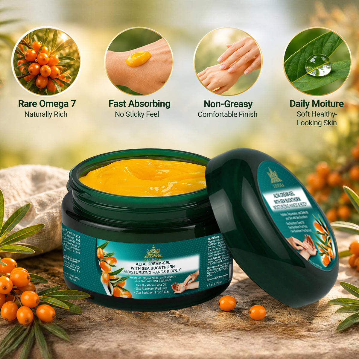 Sibirska Altai Sea Buckthorn Omega 7 Cream Gel 120 g. Hand and Body Moisturiser for Dry Skin